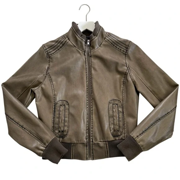 Blue Spice Womens Size Large Faux Leather Bomber Coat Jacket Full Zip Brown Tan - Picture 14 of 14